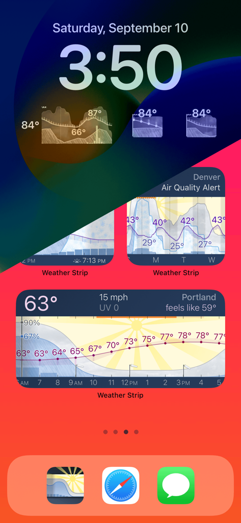 Écran d'accueil de l'iPhone affichant des widgets météo graphiques et des chronologies Weather Strip