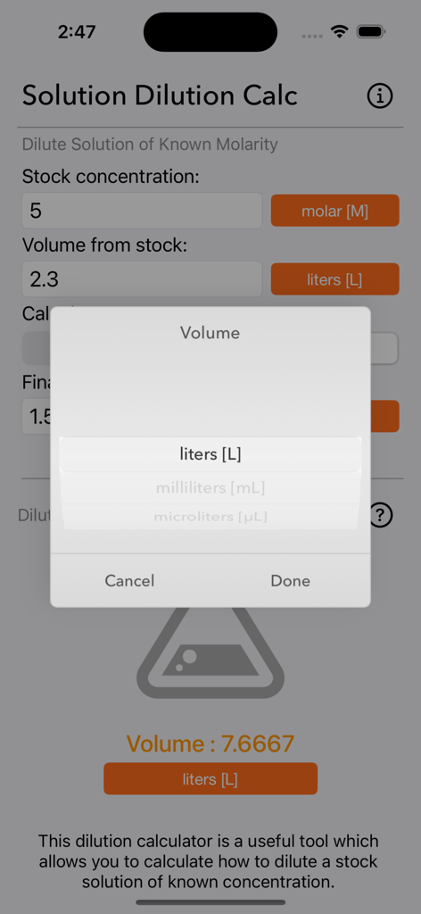 Solution Dilution Calculator - Interface de l'application Calculateur de Dilution de Solutions affichant un menu de sélection d'unités de volume pour les litres, millilitres et microlitres