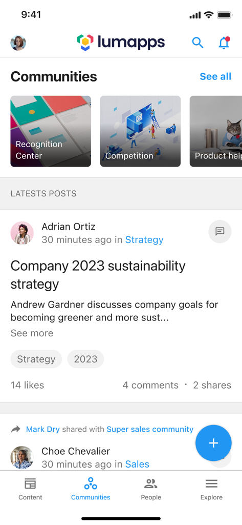 LumApps mobile app showing company communities and internal social feed