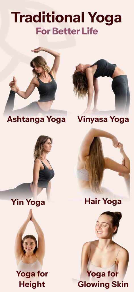 Yoga for Beginners - Workout - 피부와 키에 대한 건강상의 이점과 함께 아쉬탕가, 빈야사와 같은 다양한 요가 스타일을 보여주는 인포그래픽