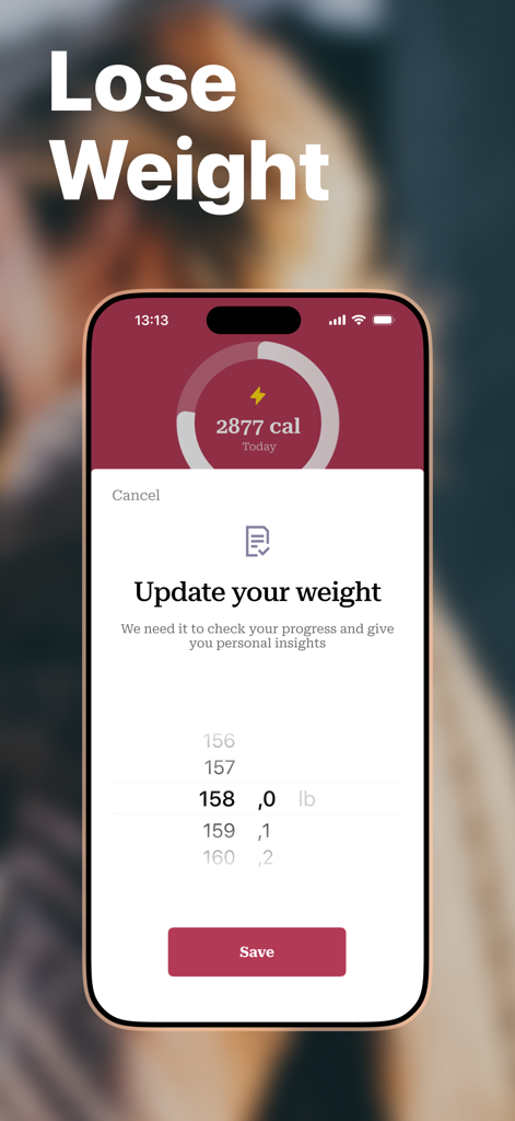 PCOS Tracker App - PCOS Tracker App weight update screen showing calorie count and weight log