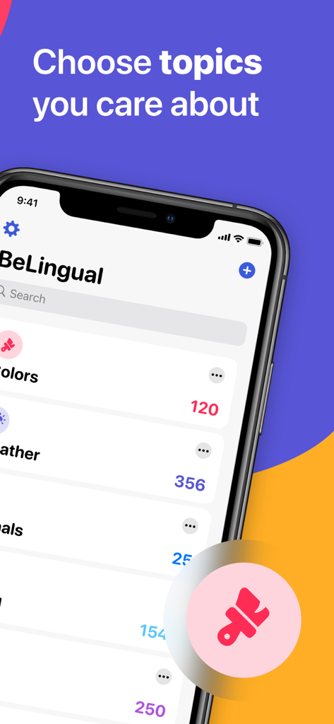 BeLingual - Language Learning - Screenshot of BeLingual language learning app interface showing a list of vocabulary topics like colors and weather
