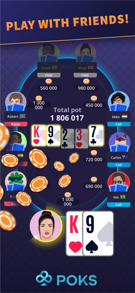 Interfaccia dell'app mobile POKS Poker che mostra un tavolo multiplayer con il testo Gioca con gli amici