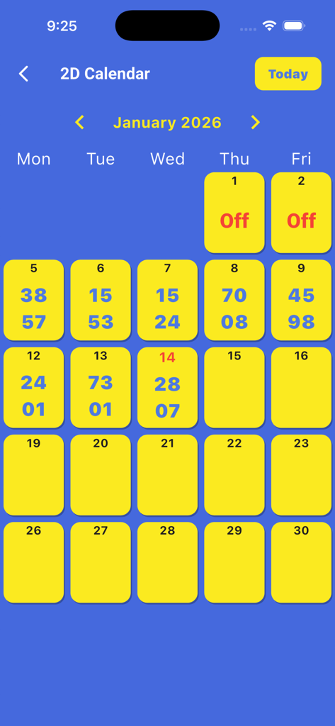 2026년 1월의 일일 2D 결과를 보여주는 캘린더 보기