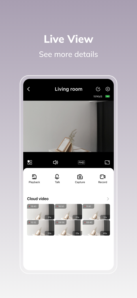 Home V - Smart Camera - Interface de l'application Home V smart camera montrant un flux vidéo en direct d'un salon avec des commandes de sécurité et l'historique vidéo cloud.