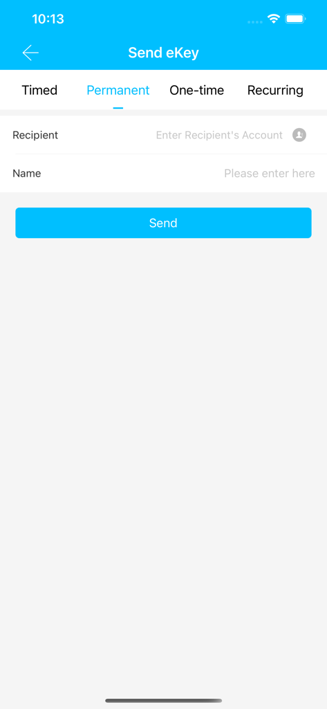 Interface of the Sciener smart lock app showing the Send eKey screen with the permanent option selected and fields for recipient account and name.