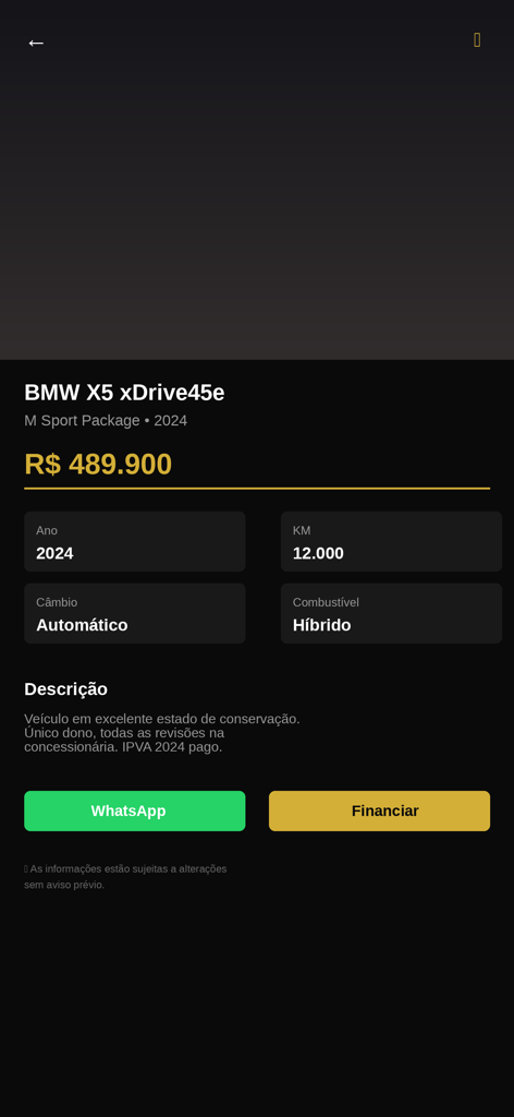 Detailed view of a 2024 BMW X5 on the TCAR Imports mobile application