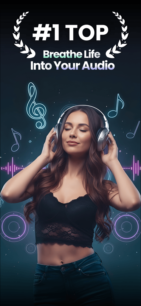 Une femme portant un casque et profitant de la musique avec des effets audio néon