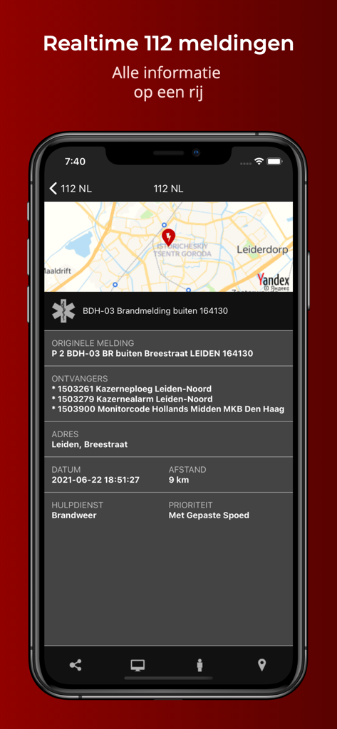 Smartphone screen showing real-time fire department dispatch details and location map for an emergency alert