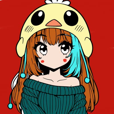 anime girl with chick shaped hat with sweater with bare shoulders with bangs covering them one eye with low tail