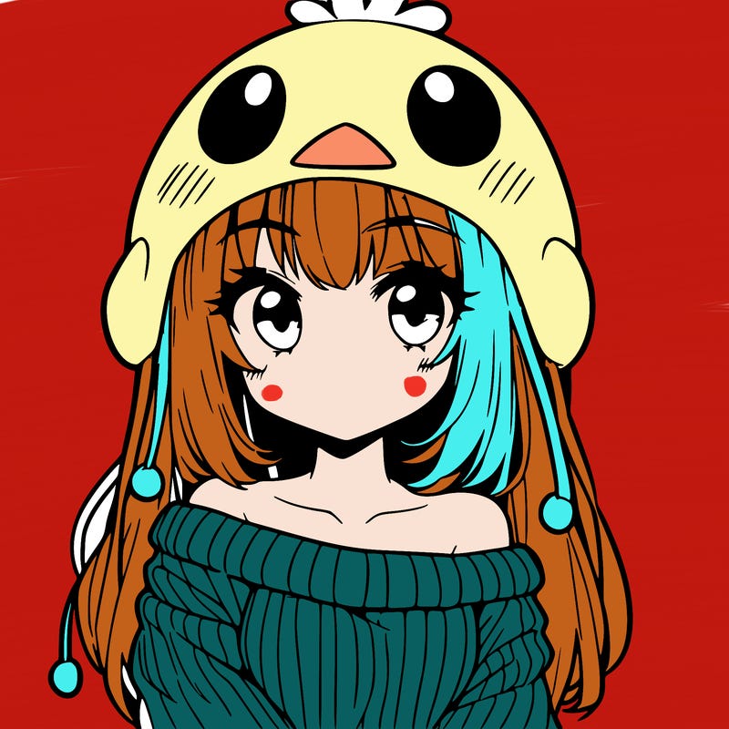 anime girl with chick shaped hat with sweater with bare shoulders with bangs covering them one eye with low tail