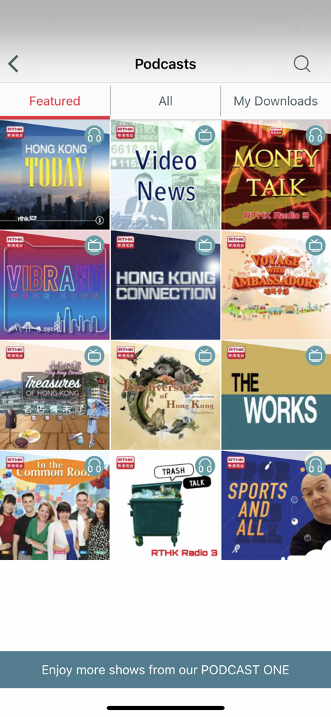RTHK On The Go - The featured podcasts screen of the RTHK On The Go app displaying a variety of news and entertainment programs