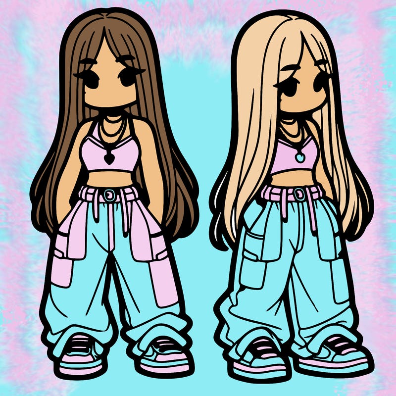 girl in baggy pants crop top and long hair