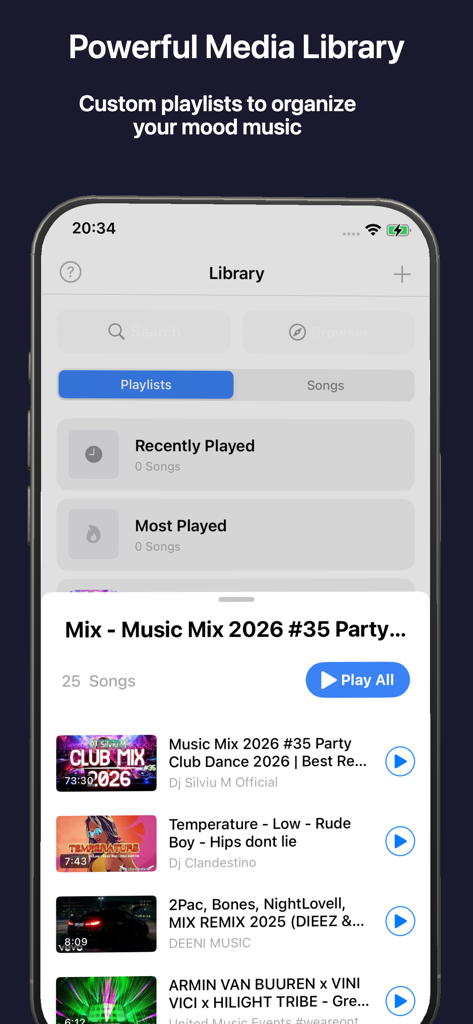 Music Player -Offline Playback - Music Player app library screen showing custom playlists and song collection