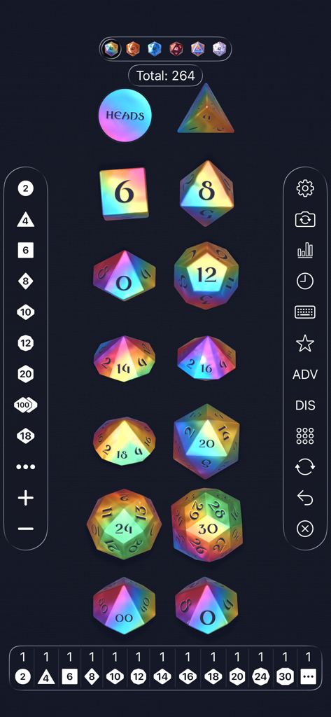 Interface of Dice by PCalc showing a variety of 3D iridescent polyhedral dice and a total score