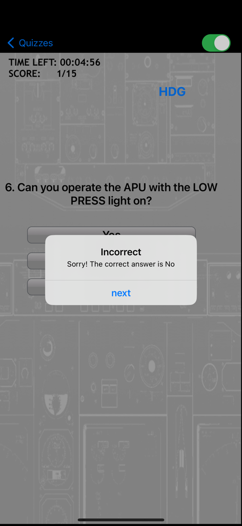 iBOEING Type Rating Prep - Screenshot of the iBOEING Type Rating Prep app showing an interactive aircraft system quiz with an incorrect answer feedback popup.