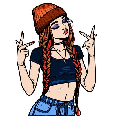 realistic teenage girl with braids and a beanie and crop top doing 🫶🏼