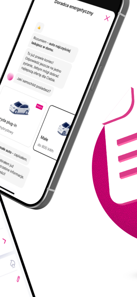 Mój TAURON - Screenshot dell'app mobile Moj TAURON che mostra una chat di consulenza energetica per la gestione dell'elettricità.