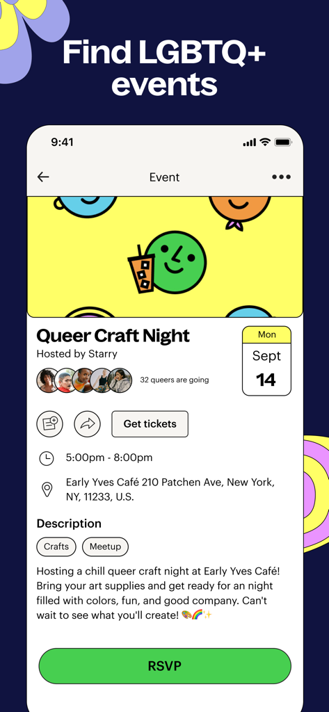 Lex: Queer Social LGBT Friends - A mobile interface from the Lex app showing a local LGBTQ event called Queer Craft Night with location and time details.
