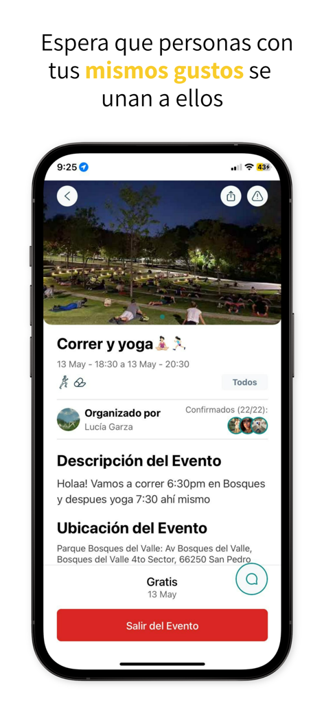 hobi - Friends & Plans - Event details screen on the hobi app for a running and yoga group session in a park