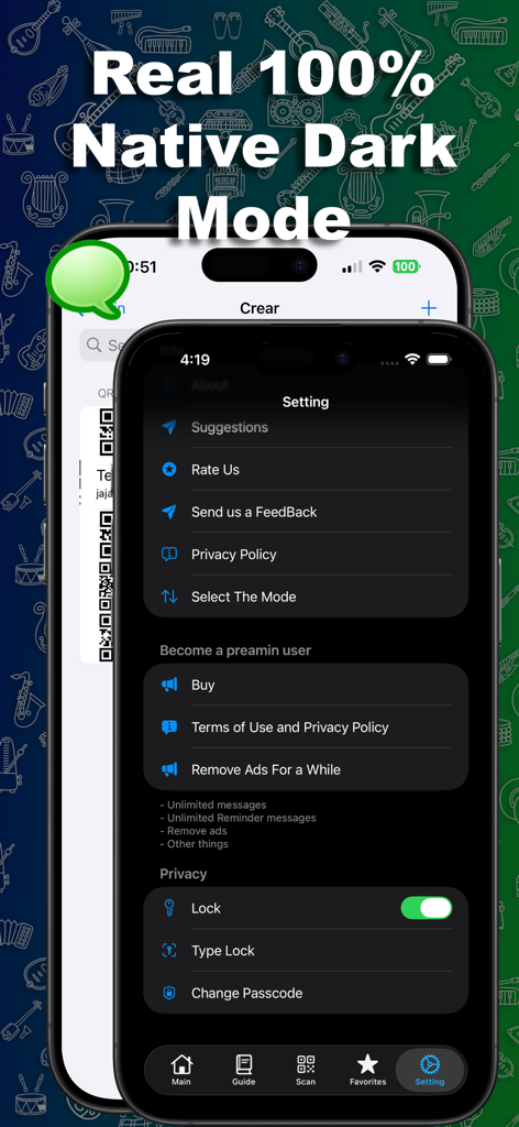Duo Messenger Web Clone Plus - Interfaz de configuración de la aplicación Duo Messenger con modo oscuro nativo y opciones de bloqueo de seguridad de privacidad.