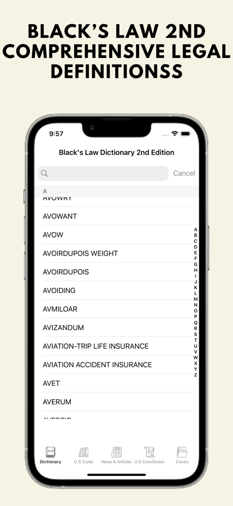 Law Dictionary & U.S Code - Blacks Law Dictionary app interface showing a list of legal terms and definitions on a smartphone