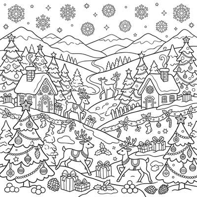 Step into a charming Christmas scene set amidst rolling foothills, bustling with festive cheer. This delightful coloring page is filled with snow-covered trees, playful reindeer, and cozy holiday decorations, inviting you to add a splash of color to the holiday spirit.