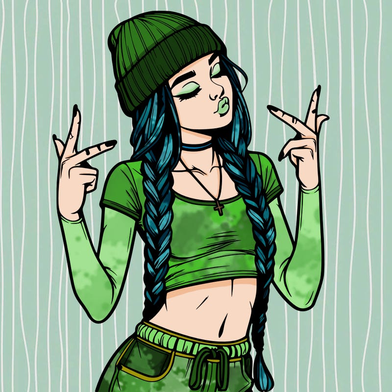 realistic teenage girl with braids and a beanie and crop top doing 🫶🏼