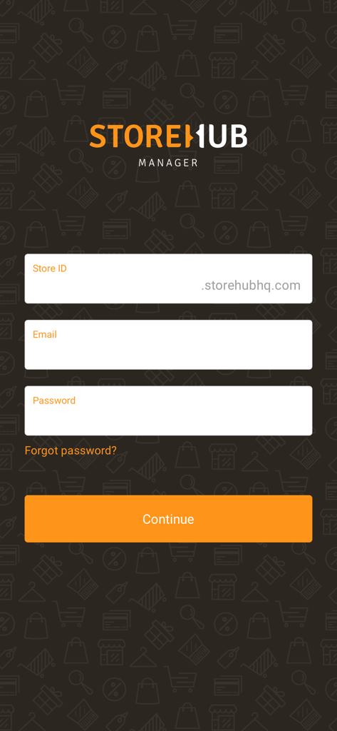 StoreHub Manager - StoreHub Manager app login screen with fields for store id email and password