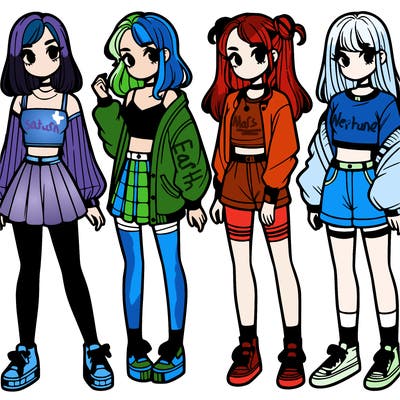 one girl with crop-top shirt and a jacket with a skirt, long socks and another girl with a shirt and pants with a jacket