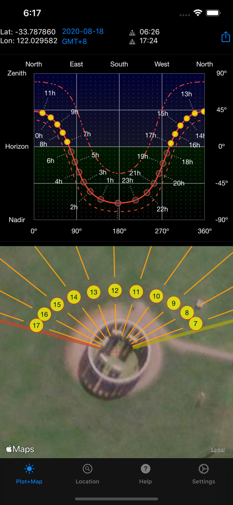 Sun Focus - Sun path plot graph and map visualization showing hourly sun positions over a location