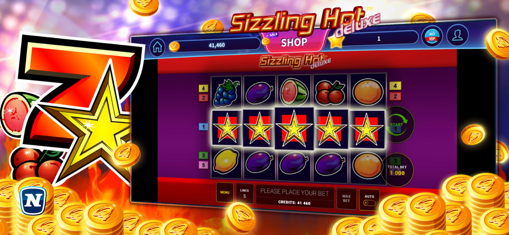 Sizzling Hot™ Deluxe Slot - Una pantalla de victoria de la tragamonedas Sizzling Hot Deluxe que muestra cinco símbolos de estrella en un rodillo con monedas de oro y una interfaz de casino clásica