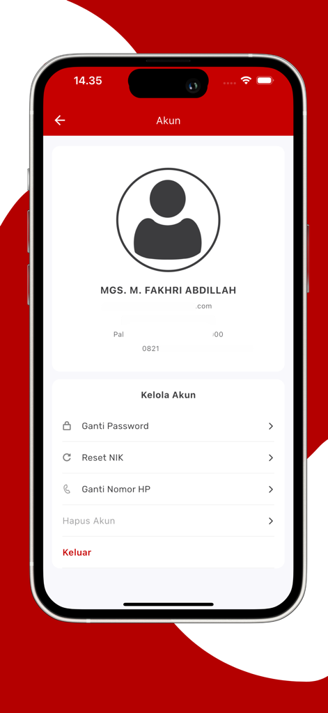 User profile and account management screen in the Sentuh Tanahku app showing settings like password change and NIK reset.