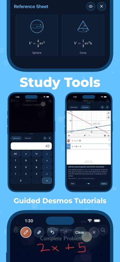 Dolphin app screen showing digital SAT math reference sheets and Desmos calculator tutorials
