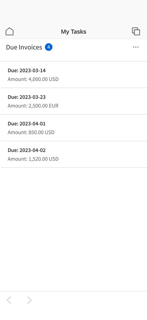 Infor Go - Infor Go app screen showing four due invoices in the My Tasks section