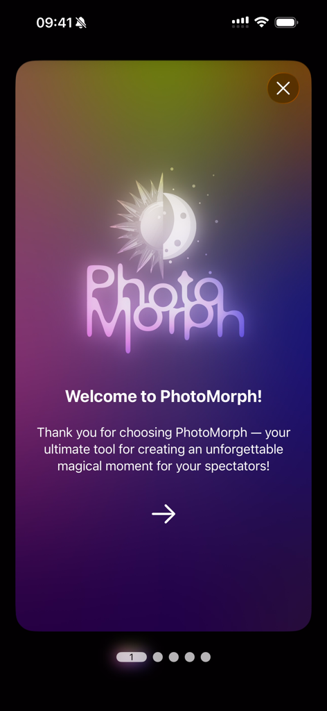 PhotoMorph - PhotoMorph app welcome screen with a stylized sun and moon logo on a colorful gradient background.