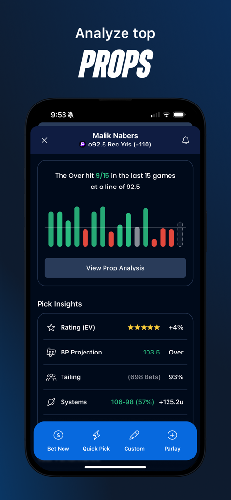 BettingPros: Sports Betting - BettingPros app screen displaying a player prop bet analysis with historical performance charts and AI driven pick insights