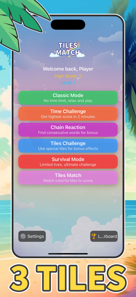 Tiles Quest:Word & MatchPuzzle - Pantalla del menú principal de Tiles Quest mostrando seis modos de juego de puzzles.