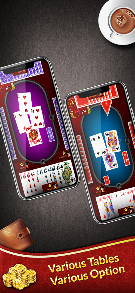 Two mobile phones showing different table themes in the Hokm card game app
