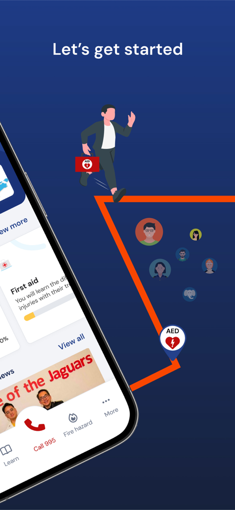 myResponder - An onboarding screen of the myResponder app displaying an illustration of a community responder carrying an AED and a map with emergency location markers.