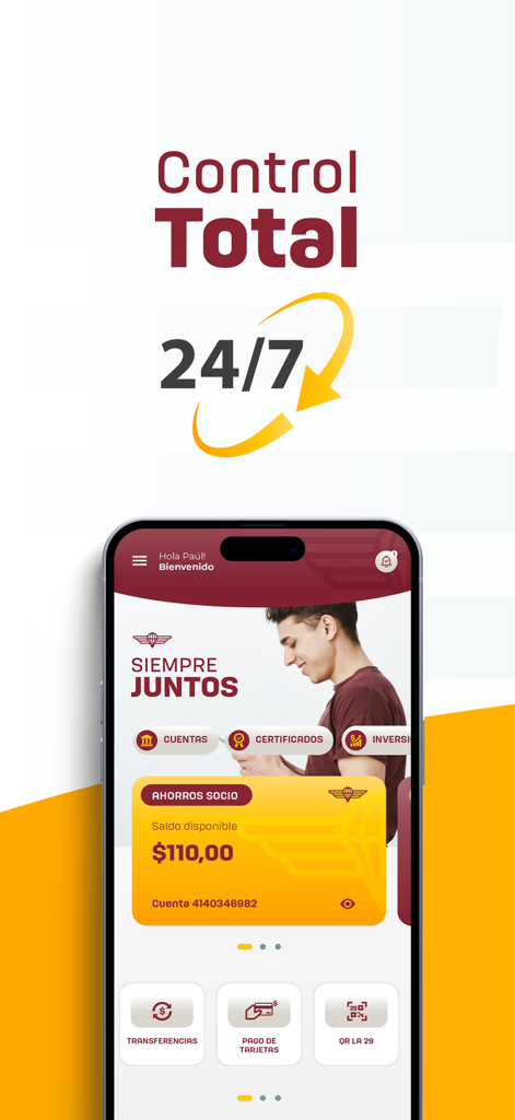 Cooperativa 29 de Octubre 2.0 - Smartphone screen displaying the dashboard of the Cooperativa 29 de Octubre 2.0 mobile banking app showing account balance and transfer options