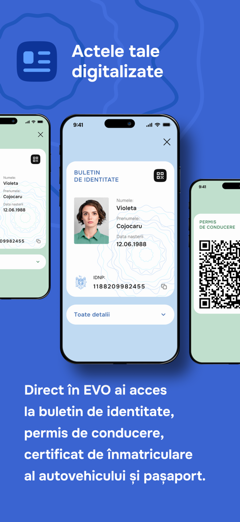 EVOアプリのインターフェース。モルドバのデジタルIDカードと携帯電話の運転免許証のQRコードが表示されています