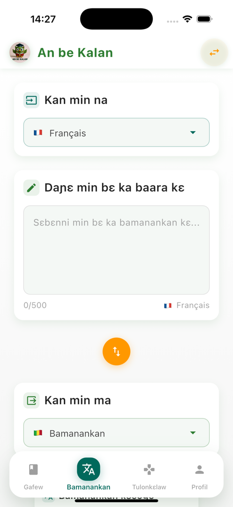 AN BE KALAN - Interfaz de la aplicación An Be Kalan que muestra la herramienta de traducción entre francés y Bambara