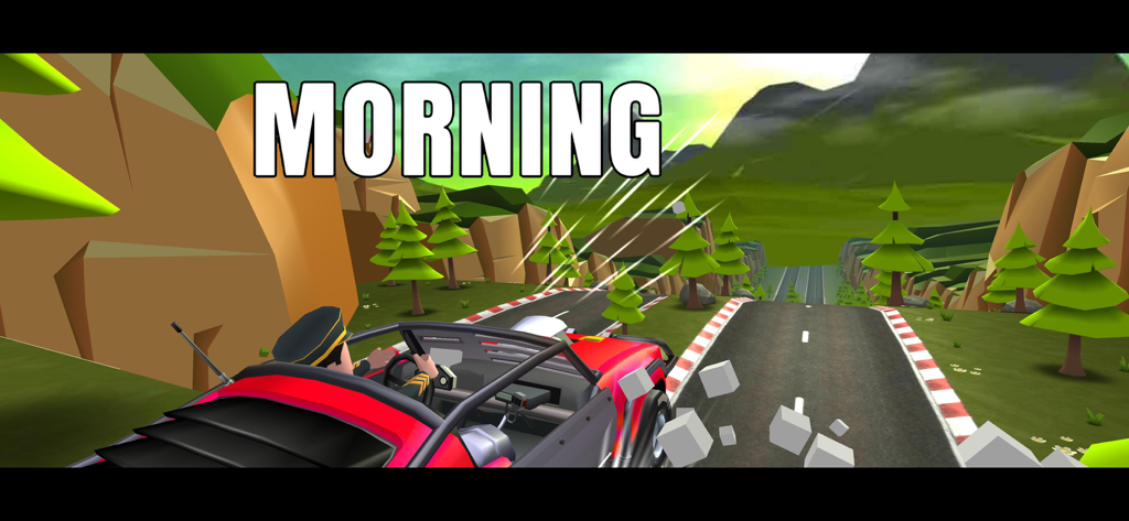 Faily Brakes 2 - A red car racing down a winding mountain road with low poly pine trees and hills in the morning within Faily Brakes 2.