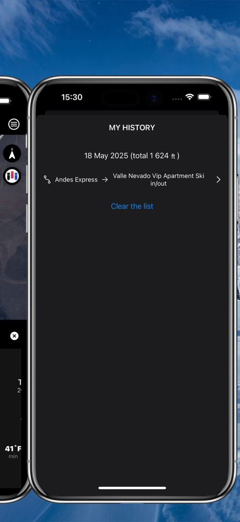 Valle Nevado Ski - Valle Nevado Ski mobile app screen showing a user's ski activity history and total vertical feet.