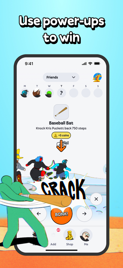 Gamified interface of Stompers step counter app showing a power-up used to compete with friends in a walking challenge