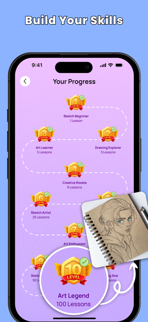Draw Easy: Learn How To Draw - Mobile app screen showing a tiered progression path for drawing skills with levels from Sketch Beginner to Art Legend
