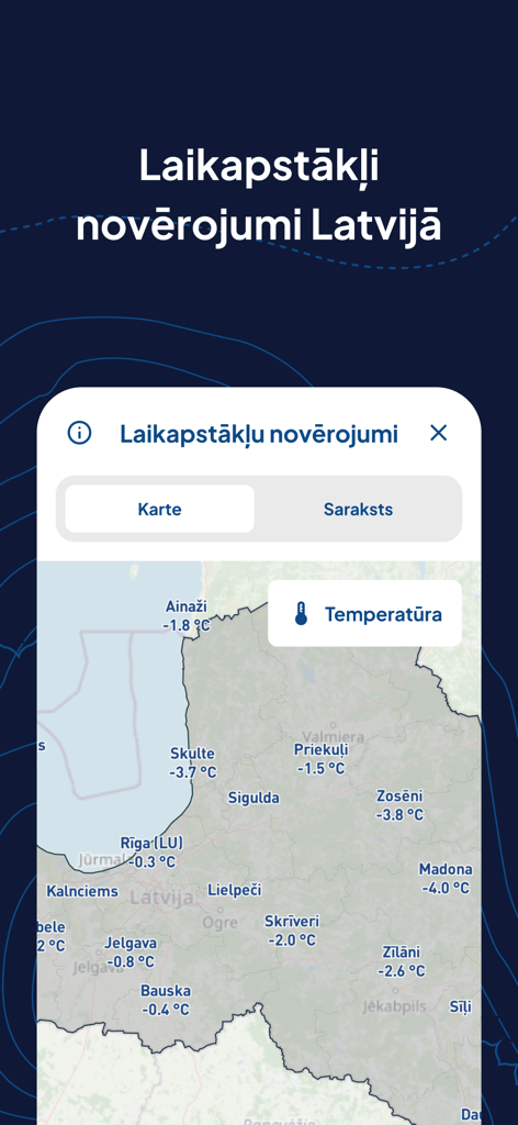La aplicación Meteo.lv muestra un mapa meteorológico con observaciones de temperatura en tiempo real en Letonia
