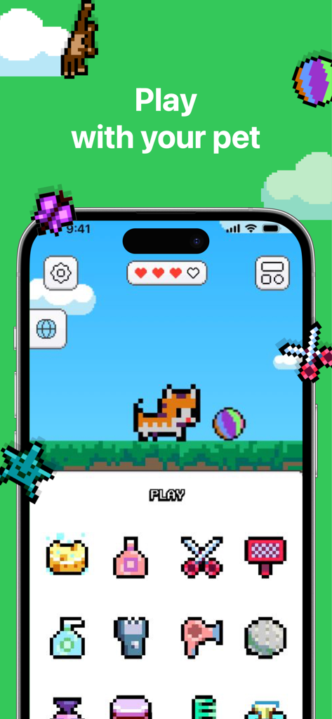 Pixel Pets - Cute, Widget, App - A pixel art cat in the Pixel Pets app interface with various grooming and play icons below.