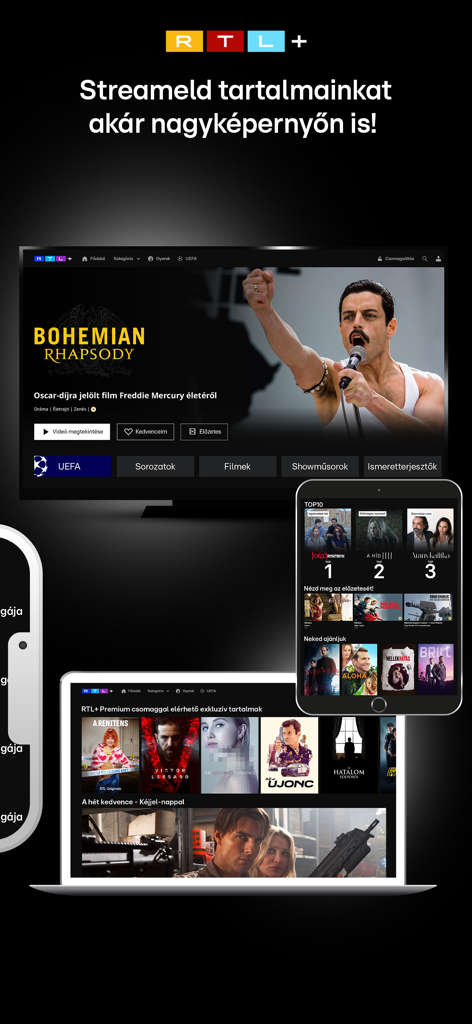 RTL+ Magyarország - La app RTL plus mostrada en pantallas de TV, laptop y tablet.